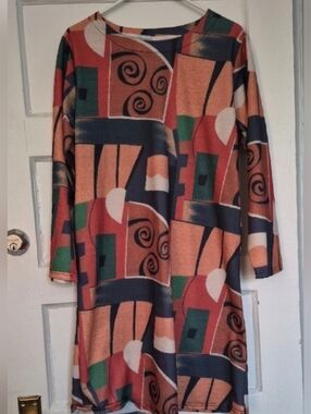 Vintage Abstract Geo-Print Midi Dress 60s 70s Boho Mod vibes